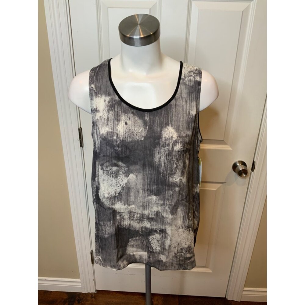 Eileen Fisher  100% Silk Gray Patterned Tank Top W/ Black Rear Panel, Size S
